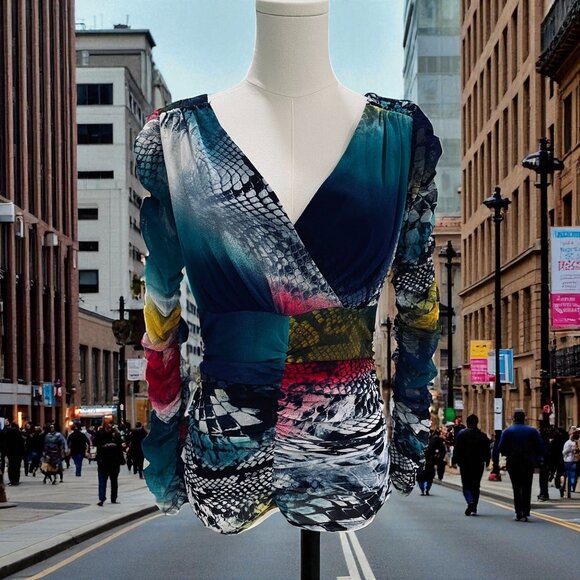 Boston Proper Multicolor Snakeskin Print Ruched Mesh Blouse XS Y2K Streetwear - Picture 1 of 9